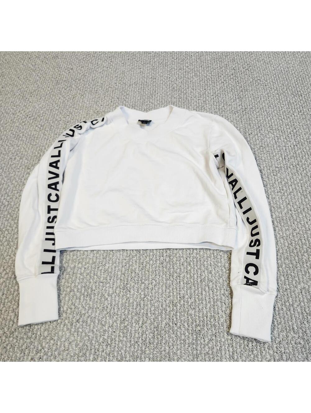 Just Cavalli White Cropped Sweatshirt with Logo Detail on Sleeves